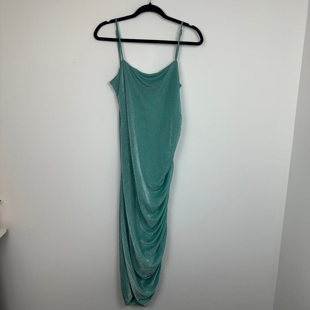 Wayf Womens Spaghetti Strap Lined Ruched Metallic Mermaid Teal Maxi Dress Large